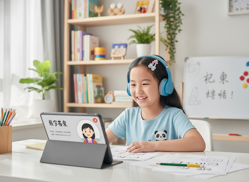 Child learning Chinese with teacher support