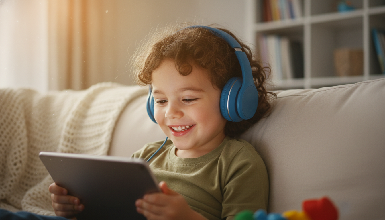 Child learning online with headphones and tablet